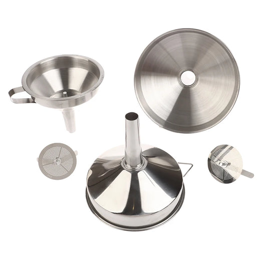 Embudo de acero inoxidable 304 de 10 cm, 12 cm y 14 cm para cocina, dispensador de aceite, vino y líquido con colador extraíble.