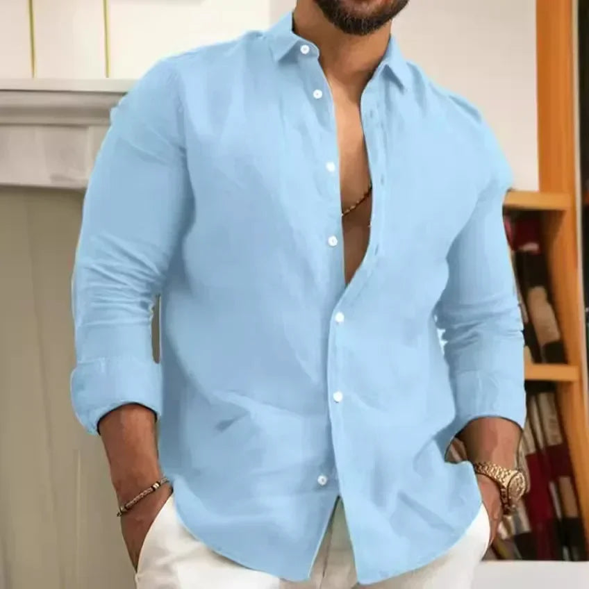 Camisa de hombre de color liso, de algodón y lino, estilo juvenil informal