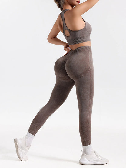 Conjunto de yoga sin costuras con lavado ácido de 2 piezas para mujer, ropa deportiva para gimnasio, leggings, conjunto deportivo para entrenamiento, espalda en V, traje de fitness Teveo para mujer