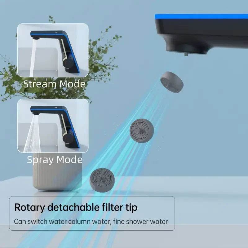 Grifo de baño moderno con pantalla digital de temperatura: interfaz táctil, sin pilas, interruptor Celsius/Fahrenheit.