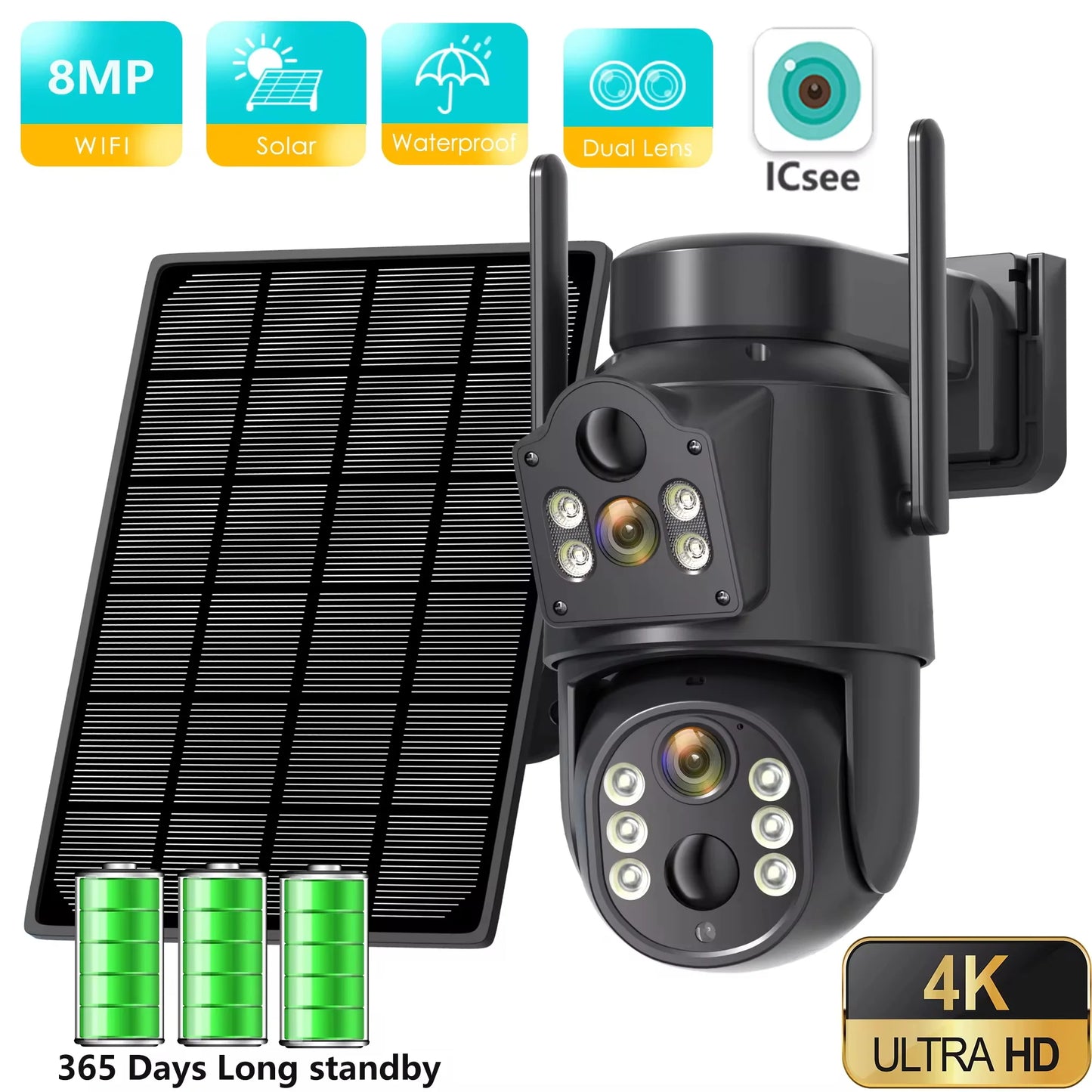 Cámara solar WiFi 4K HD para exteriores con batería integrada y doble lente. Cámara de seguridad 2K con panel solar y sistema de videovigilancia inalámbrico CCTV iCSee.