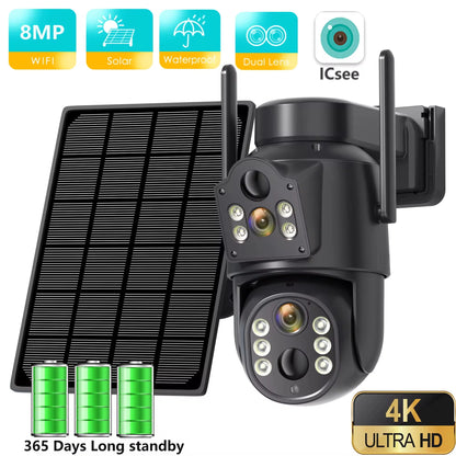 Cámara solar WiFi 4K HD para exteriores con batería integrada y doble lente. Cámara de seguridad 2K con panel solar y sistema de videovigilancia inalámbrico CCTV iCSee.