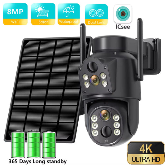 Cámara solar WiFi 4K HD para exteriores con batería integrada y doble lente. Cámara de seguridad 2K con panel solar y sistema de videovigilancia inalámbrico CCTV iCSee.