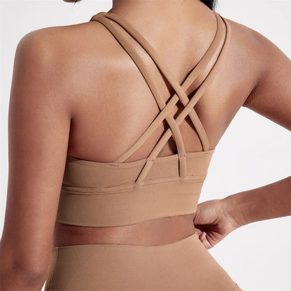 Sujetador deportivo de color sólido con espalda cruzada para mujer, de alta resistencia, ajustado, para entrenamiento integral, ropa interior de yoga y gimnasio con almohadilla para el pecho