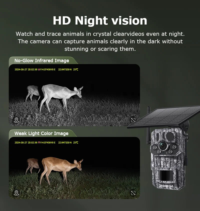 Cámara INQMEGA4G 2K 5MP con sensor de movimiento PIR, temporizador de disparo, visión nocturna, IP66, ideal para caza, senderismo, fauna silvestre, con batería y carga solar.