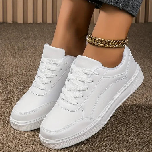Zapatos blancos planos para mujer, informales, con cordones, de piel sintética, suela gruesa, de lujo, para exteriores