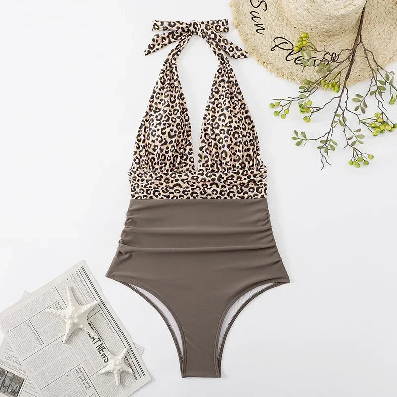 Traje de baño enterizo estampado de moda para mujer, bikini sexy, ropa de playa para damas, traje de baño con espalda descubierta y cordones.