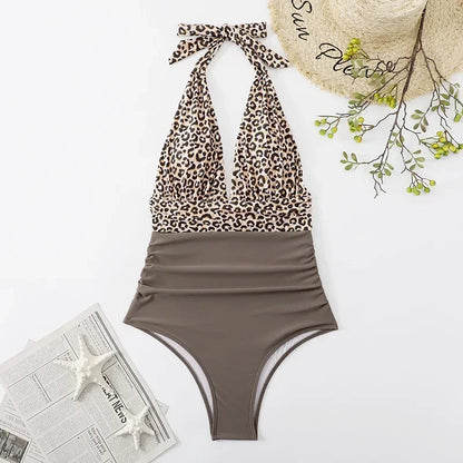 Traje de baño enterizo estampado de moda para mujer, bikini sexy, ropa de playa para damas, traje de baño con espalda descubierta y cordones.