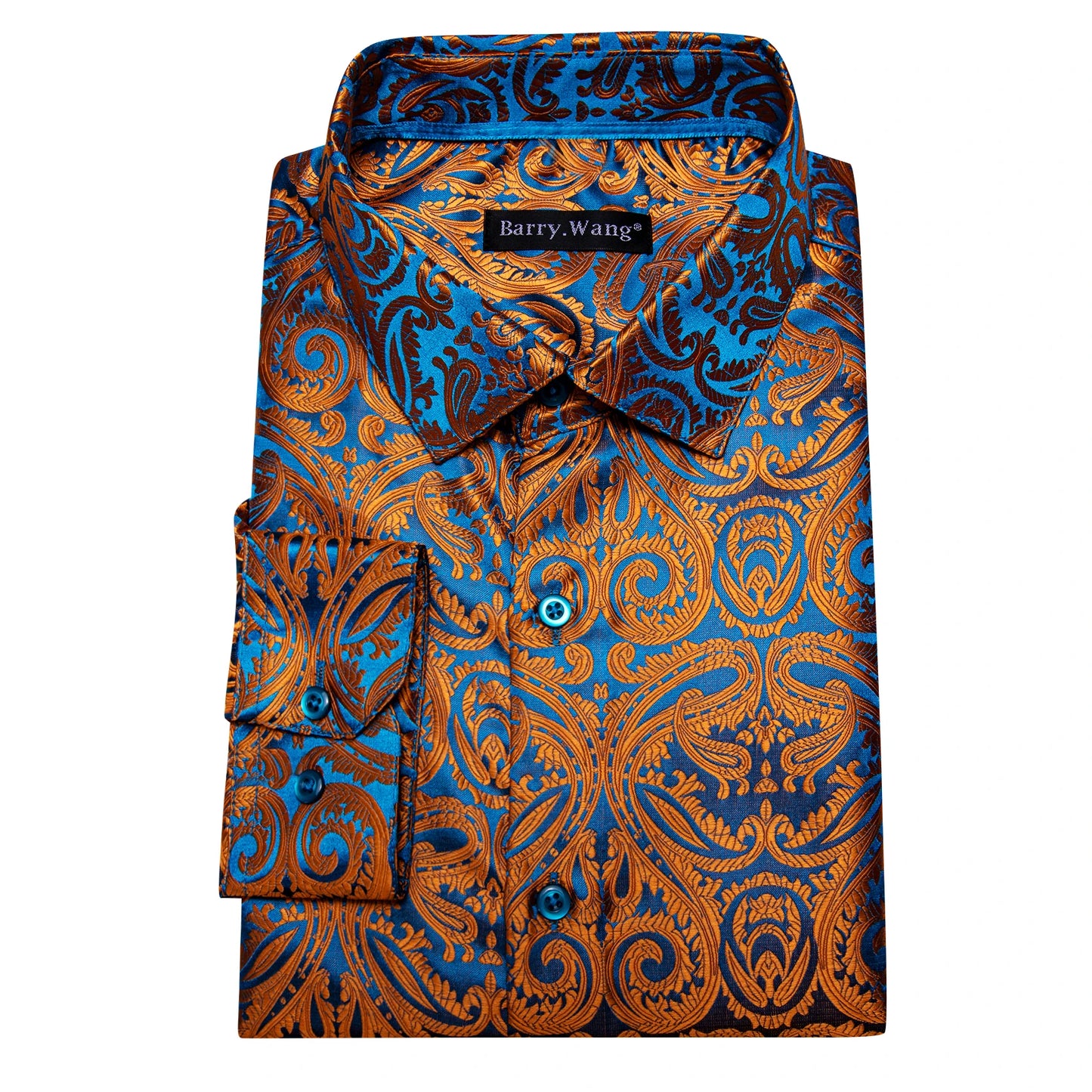 Camisas de seda de diseño para hombre en azul, dorado, verde, rojo, blanco y negro. Estampado cachemir bordado. Corte ajustado. Blusas casuales de manga larga.