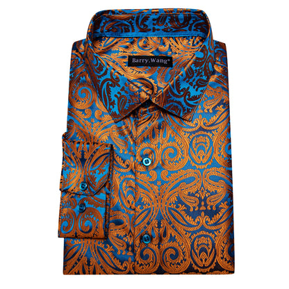 Camisas de seda de diseño para hombre en azul, dorado, verde, rojo, blanco y negro. Estampado cachemir bordado. Corte ajustado. Blusas casuales de manga larga.