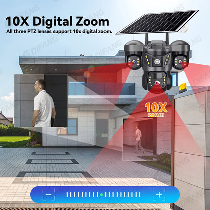 Cámara de vigilancia solar 8K 15MP con tres pantallas, WiFi, seguimiento automático, PTZ, tarjeta SIM 4G, cámara IP solar inalámbrica V380 Pro