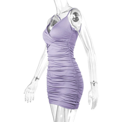 7 Color Sexy Wrinkled Pleated V Neck Sling Dress Short Club Ladies 2025 Summer Bodycon Dress Evening Party Tight Mini Dress D007