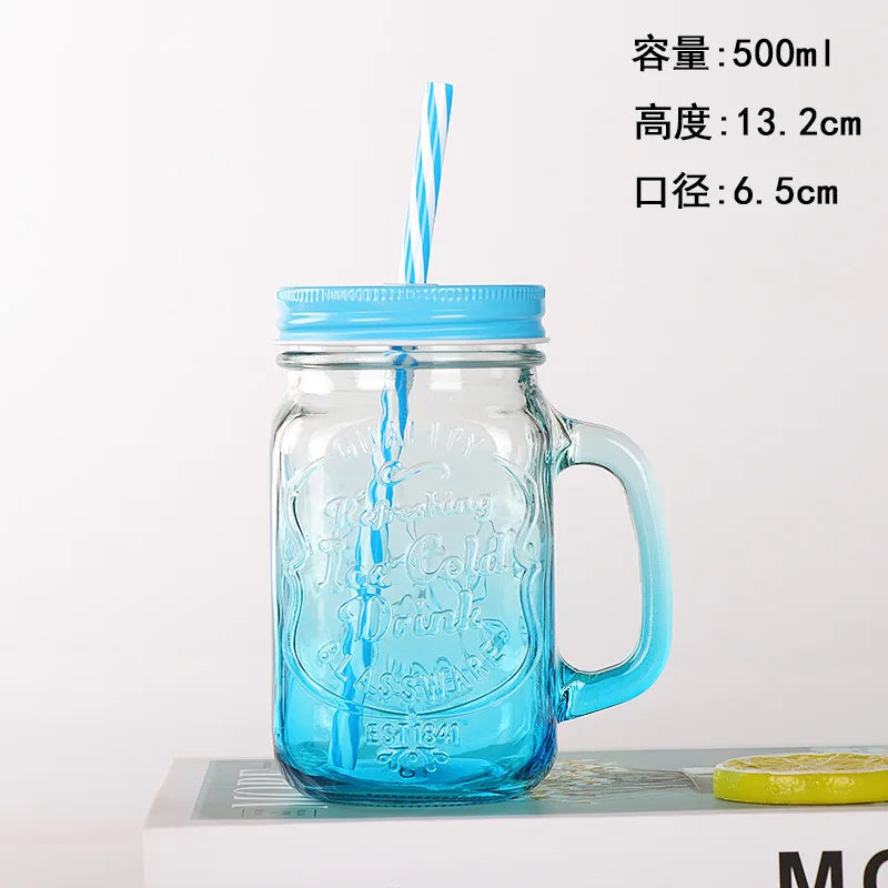 Jarra de vidrio de 480 ml, 500 ml y 16 oz con tapa de hierro y pajita de plástico, cuadrada, con degradado de color.