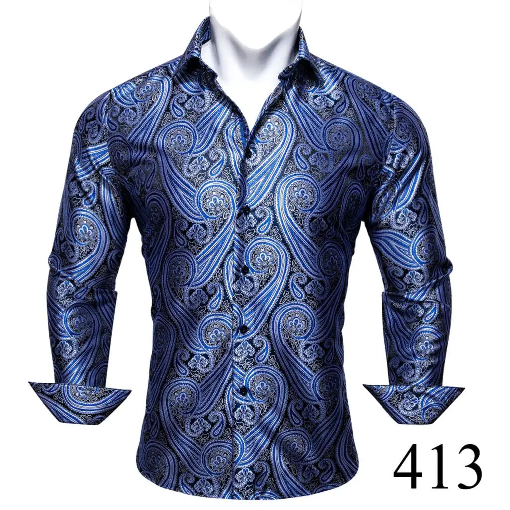 Camisas clásicas negras estampadas y bordadas para hombre, solapa de seda, manga larga, corte formal exquisito, ideales para eventos de negocios y fiestas. Barry.Wang CY-0407