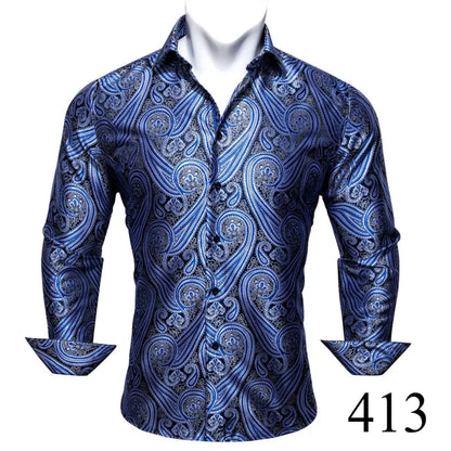 Camisas clásicas negras estampadas y bordadas para hombre, solapa de seda, manga larga, corte formal exquisito, ideales para eventos de negocios y fiestas. Barry.Wang CY-0407