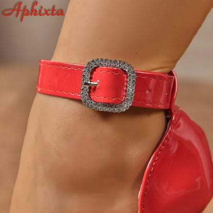 Sandalias Aphixta con tacón de aguja de 12 cm y hebilla de cinturón de cristales de 2 cm, con tiras en el tobillo y punta puntiaguda para mujer, talla grande 50