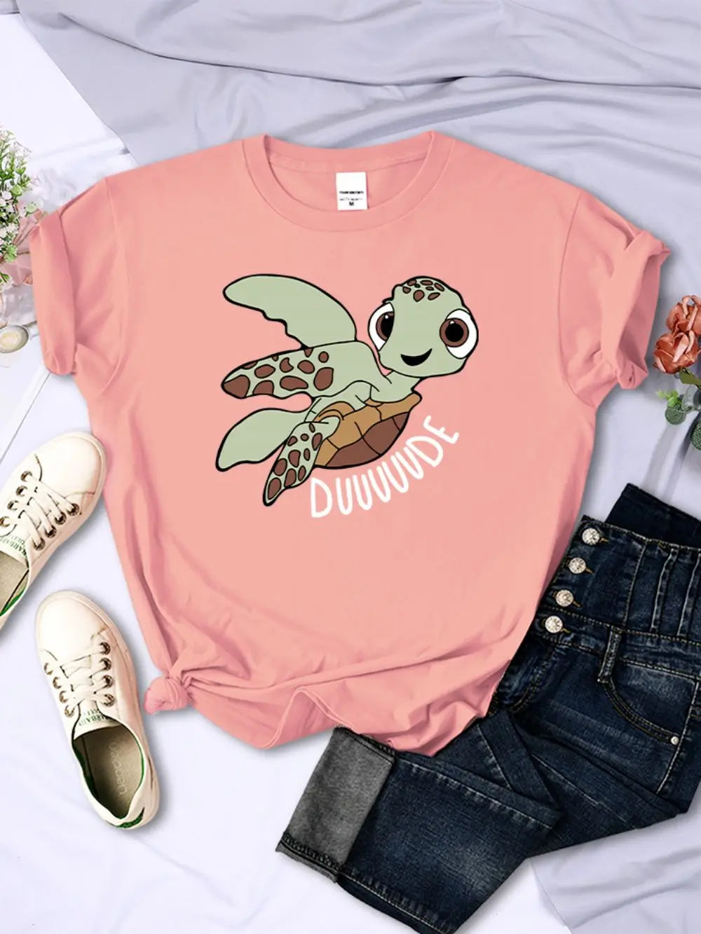 Camisetas sencillas para mujer, con estampado de letras de tortuga de dibujos animados, camisetas cómodas y suaves con cuello redondo, ropa informal de verano para mujer