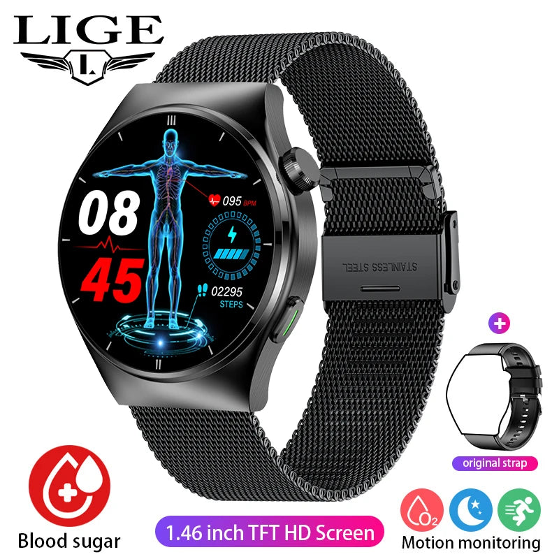 LIGE - Reloj inteligente para hombre de 1,46 pulgadas con terapia láser, control de lípidos, ácido úrico, VFC, llamadas, temperatura, deportivo y bienestar