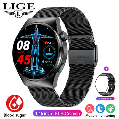 LIGE - Reloj inteligente para hombre de 1,46 pulgadas con terapia láser, control de lípidos, ácido úrico, VFC, llamadas, temperatura, deportivo y bienestar