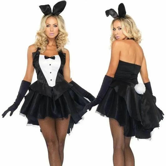 3Pcs Women Bunny Tuxedo Dress Gloves Headband Set Rabbit Ear Headband Backless Halter Dress Magician Halloween Cosplay Costume