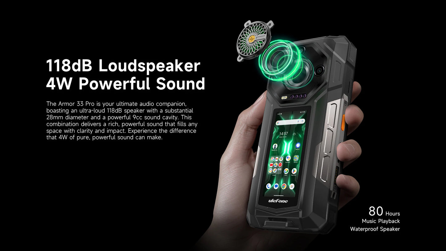 【Estreno mundial】Ulefone Armor 33 Pro 5G Teléfono resistente con batería de 25500 mAh, 512 GB de ROM, pantalla trasera de 6,59" y 3,4" a 120 Hz, NFC y Android.