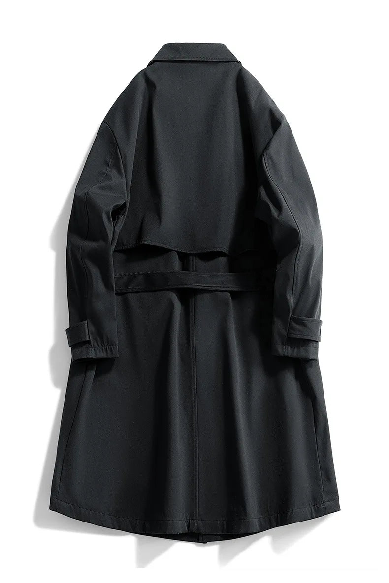 Gabardina larga de hombre, verde militar, corte ajustado, cruzada, con solapa de muesca, cortavientos, ideal para primavera y otoño, estilo casual para actividades al aire libre.