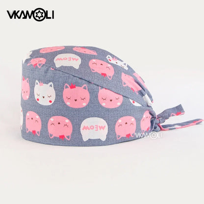 Gorro quirúrgico de algodón con estampado de dibujos animados multicolor para peluquería de mascotas, ajustable, para salón de belleza, enfermería, médico y enfermera.