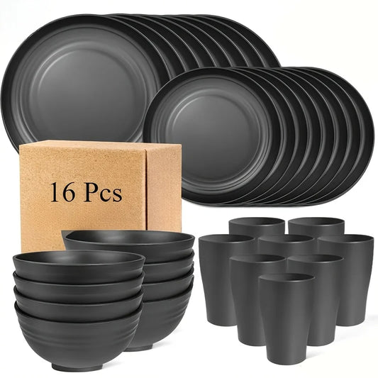 Juego de vajilla irrompible de 16 piezas, 8 platos, 4 cuencos y 4 tazas, apto para microondas y lavavajillas, ideal para camping, uso diario, color negro.