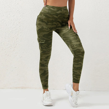 Pantalones de yoga con estampado digital, con bolsillo, sin costuras, tipo leggings de camuflaje para fitness, elásticos y ajustados para deporte.