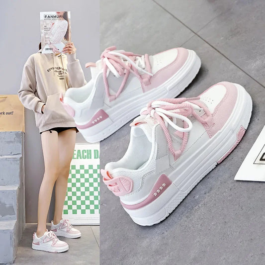 Primavera 2025, Niche, versátil, para estudiantes, zapatos blancos de suela gruesa, a la moda, con doble lazo, deportivos casuales.