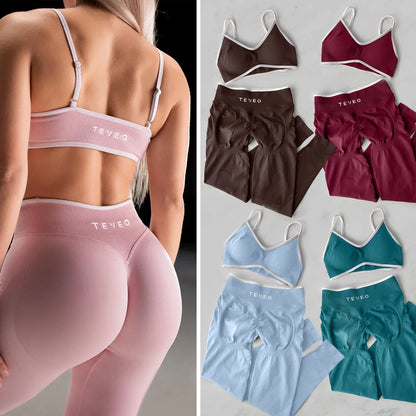 TEVEO 2 Pièces Ensemble De Sport Femme Leggings Vêtements D'Entraînement Ensemble De Soutien-gorge Sans Couture Scrunch Legging