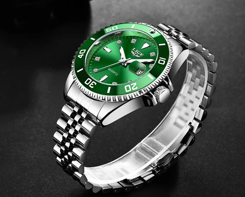 Reloj de lujo LIGE para hombre, reloj de cuarzo con esfera engastada de diamantes, resistente al agua, calendario, mariposa, doble cierre, acero inoxidable.