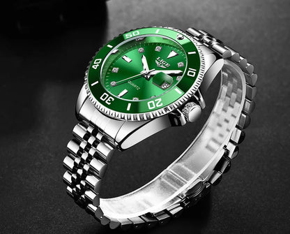 Reloj de lujo LIGE para hombre, reloj de cuarzo con esfera engastada de diamantes, resistente al agua, calendario, mariposa, doble cierre, acero inoxidable.