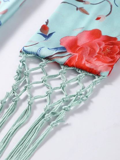 Vestidos elegantes de una pieza para mujer, sin mangas, con cuello tipo bufanda, espalda descubierta, estampado y borlas.