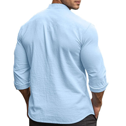 Camisas Henry para hombre, de algodón y lino, corte ajustado, informales, hawaianas, de color liso, estilo básico, para primavera y verano, transpirables.