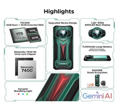 Teléfono resistente DOOGEE S200 Ultra 5G con IA, 48 GB + 1 TB, pantalla trasera de 1,34" con efecto de luz, procesador Dimensity 7400, batería de 11000 mAh, carga rápida de 66 W, NFC, WiFi 6E.