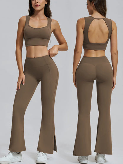 Conjuntos de yoga para mujer, sujetador deportivo con espalda hueca y amortiguación, leggings de cintura alta y acampanados, ropa de gimnasio, ropa para correr y entrenar.