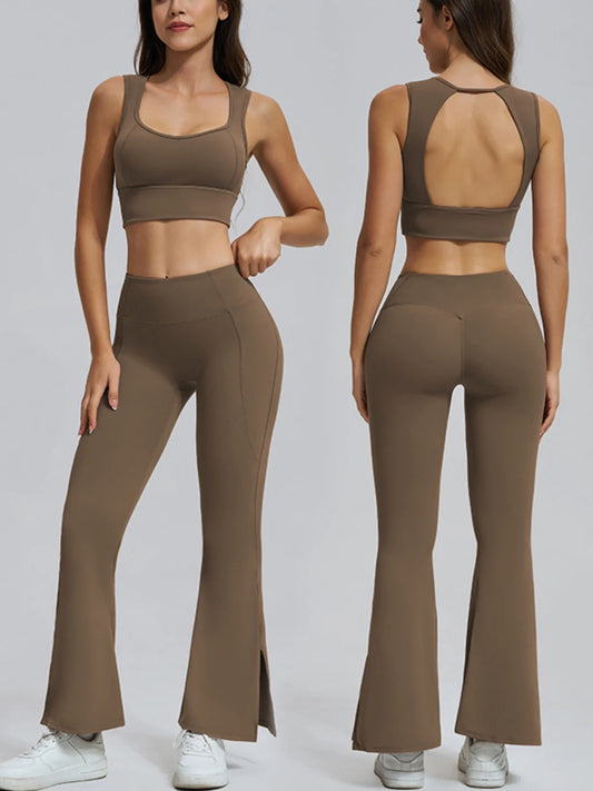 Conjuntos de yoga para mujer, sujetador deportivo con espalda hueca y amortiguación, leggings de cintura alta y acampanados, ropa de gimnasio, ropa para correr y entrenar.