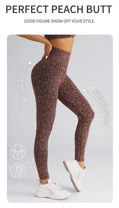 Pantalones de yoga con estampado de leopardo sin costuras para mujer, con realce de cadera y cintura alta, con alta elasticidad.