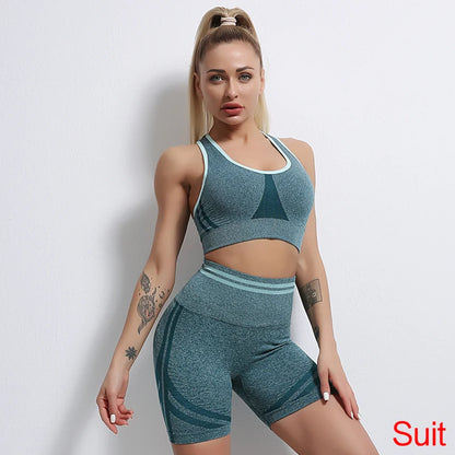 Conjuntos de ropa deportiva de media pieza sin costuras para mujer, conjuntos de gimnasio de manga larga, sujetador deportivo de yoga, leggings push up y mallas deportivas.