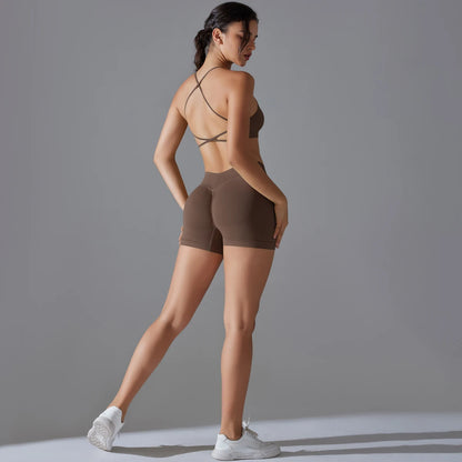 Conjunto deportivo de yoga, mallas de gimnasio de secado rápido, tirantes cruzados con absorción de impactos, pantalones cortos de ciclismo para mujer, entrenamiento de yoga.