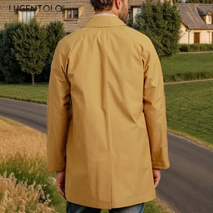 Chaqueta informal para hombre, otoño 2024, gabardina larga, color liso, solapa, corte ajustado, cárdigan de un solo botón, estilo casual y elegante.