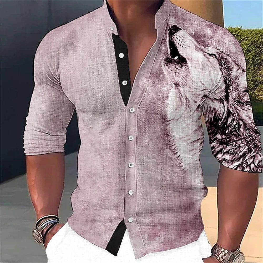 Camisa de manga larga para hombre con estampado abstracto 3D, cuello alto y botones. Diseños de moda urbana. Ropa de hombre.