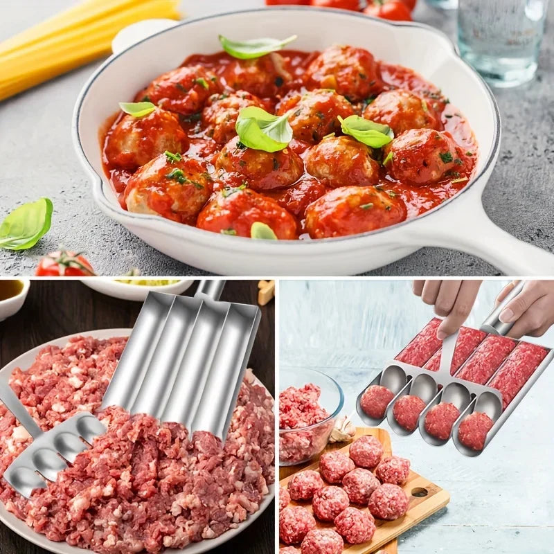 Molde de acero inoxidable para hacer albóndigas, ideal para preparar fácilmente albóndigas caseras, ensaladas y sándwiches, perfecto para cocinar en familia.