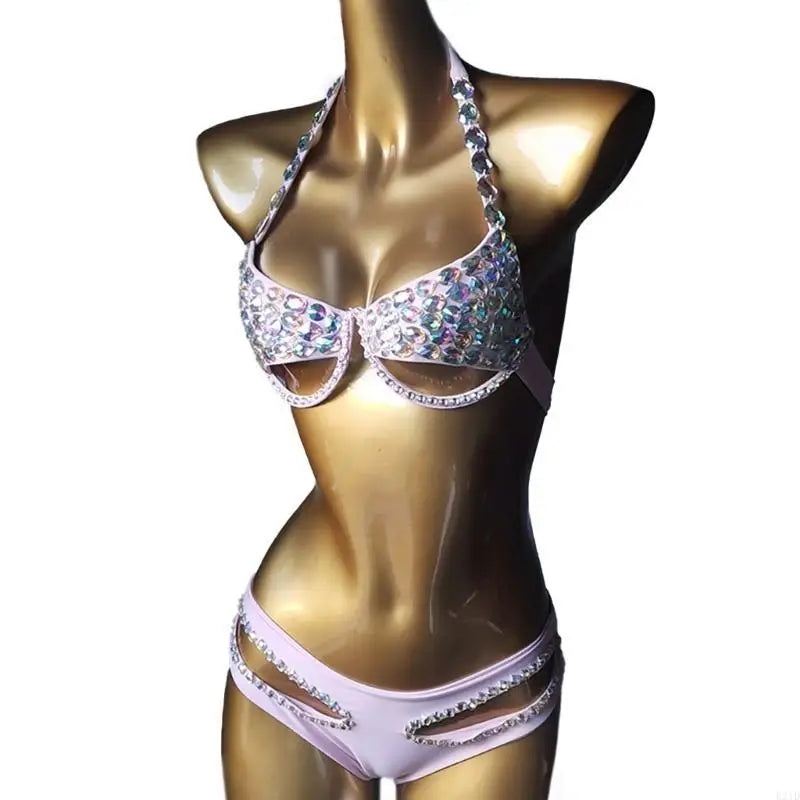 Sparkling Rhinestones Swimsuit for Women Padded Bathing Suit Halterneck Swimsuit