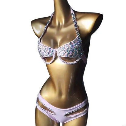 Sparkling Rhinestones Swimsuit for Women Padded Bathing Suit Halterneck Swimsuit