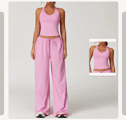 Pantalones de yoga de cintura alta para mujer, pantalones casuales holgados de pierna ancha, pantalones deportivos para mujer, pantalones para correr y fitness con cordón elástico