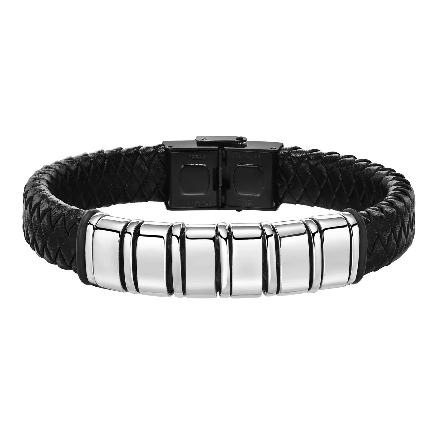Pulseras trenzadas de cuentas personalizadas para hombre, de cuero, acero inoxidable, color negro y plateado, con nombre personalizado, regalo para un familiar.