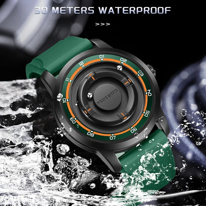 Reloj de pulsera de cuarzo para hombre FOXBOX Fashion, verde, de silicona, resistente al agua, con puntero deslizante y fuerza magnética, para deportes al aire libre.