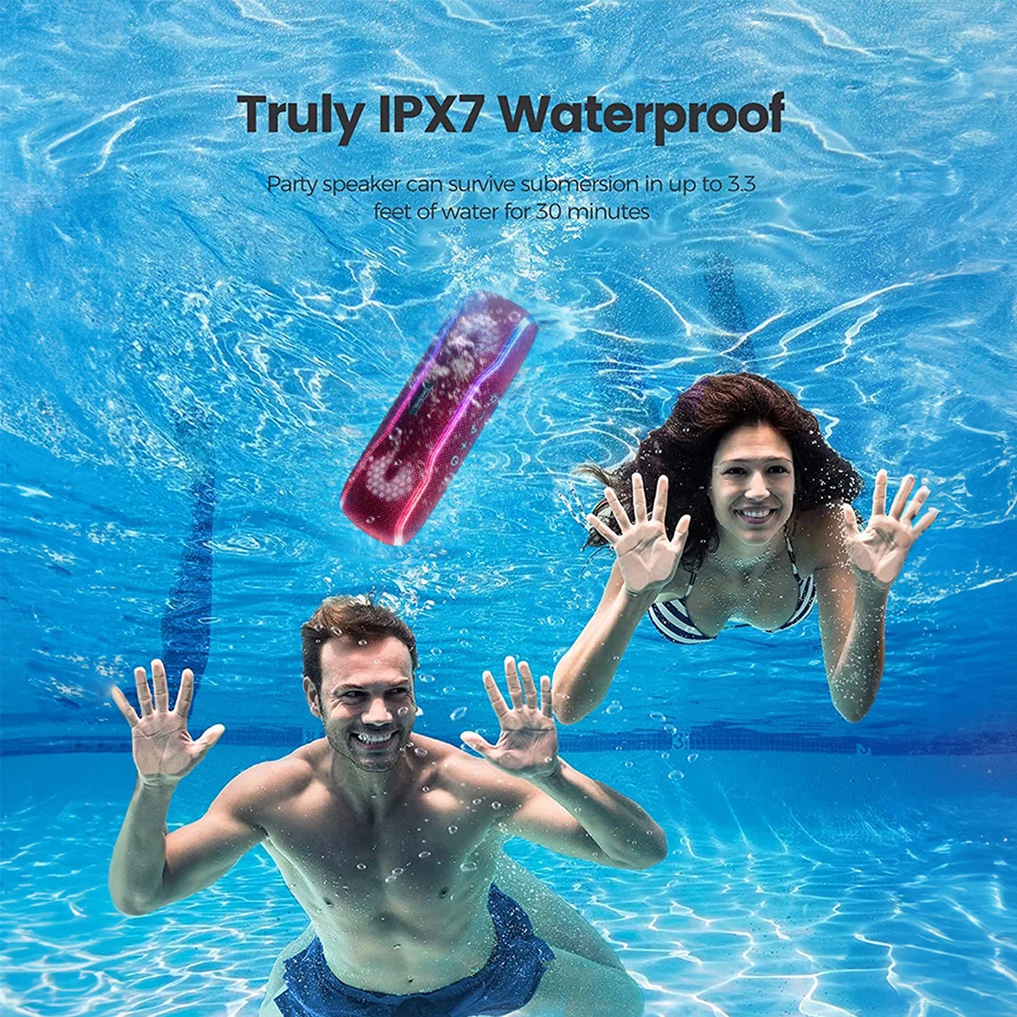 Altavoz Bluetooth inalámbrico rojo WISETIGER F10C, resistente al agua IPX7, para exteriores, con luz RGB BT5.3, estéreo y sonido envolvente.